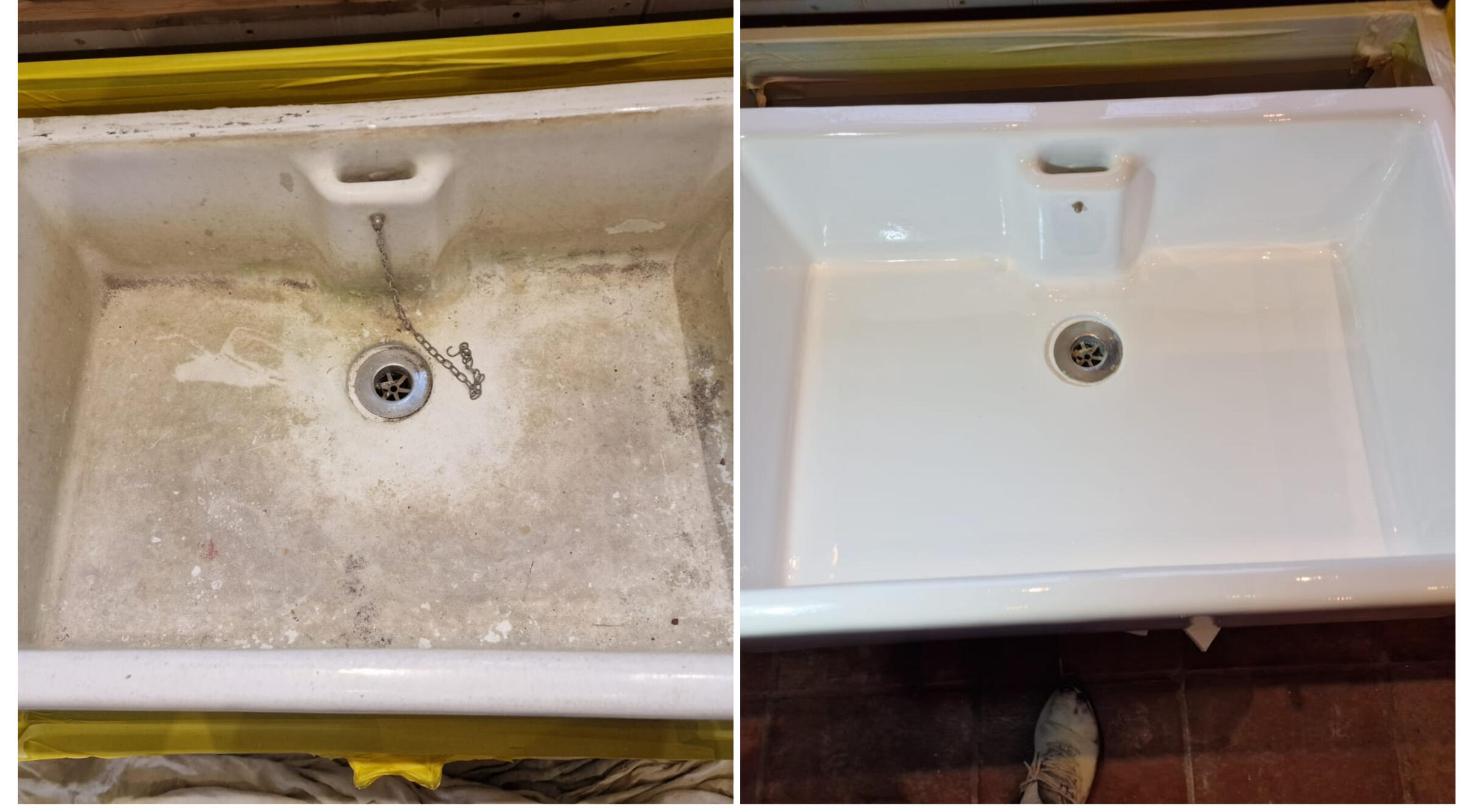 BEFORE AND AFTER PHOTOS OF A KITCHEN CERAMIC BELFAST SINK, WAS DAMAGED AND FULL OF CHIPS, FULLY RESORED TO A LIKE NEW FINISH IN Winchester