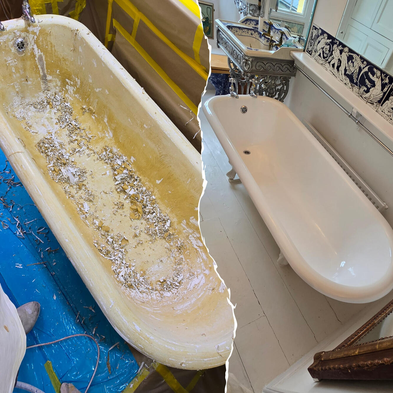 Before and after Victorian cast iron roll top bath re-enamelling in Littleton, Winchester