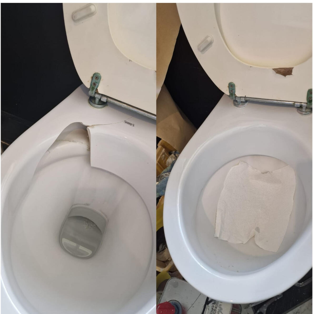 before and after pictures of a ceramic toilet crack repair in a pub in the center of Winchester