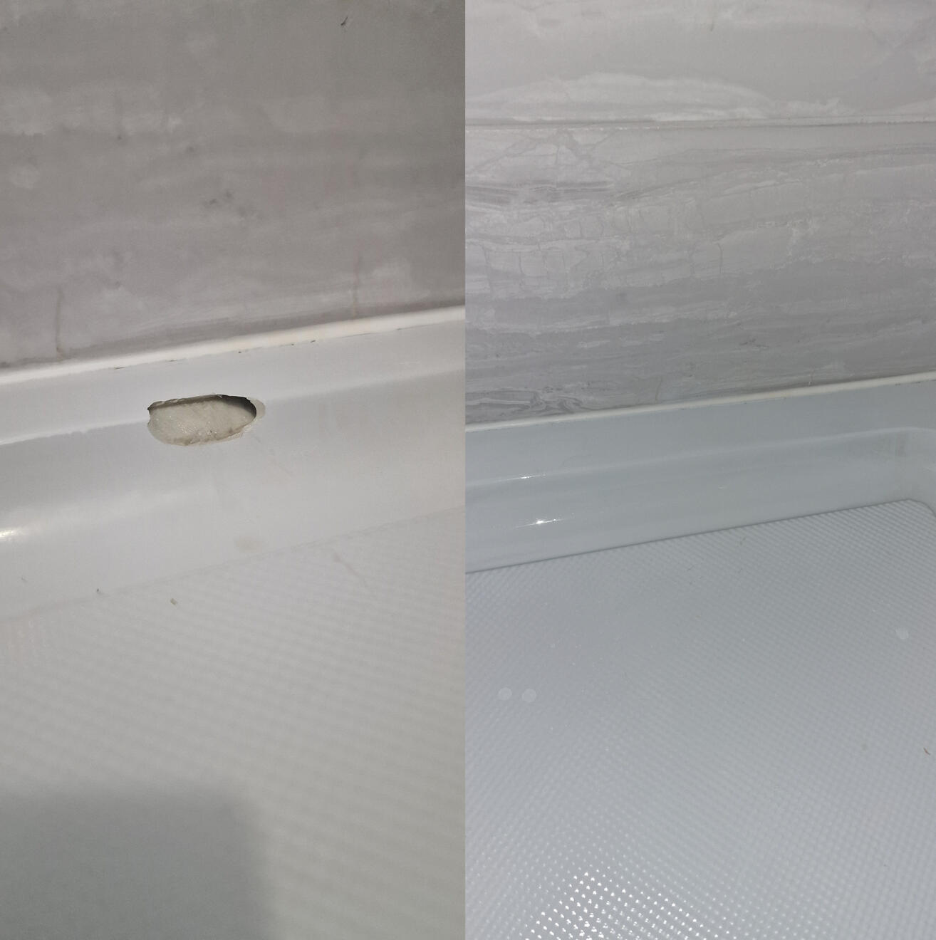 Before and after pictures of a shower Tray repair in Winchester