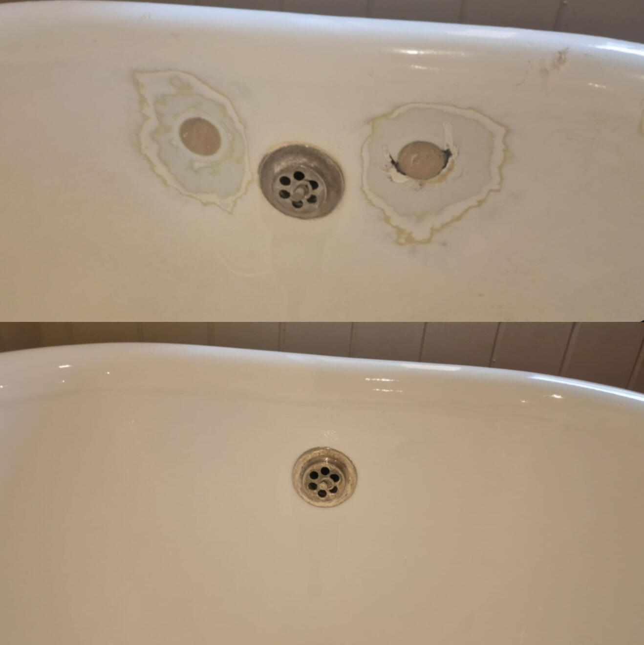 BEFORE AND AFTER PICTURES OF A CAST IRON BATH TAP HOLES FILLED AND REPAIRED Before and after cast iron bath tap holes filled and repaired in Winchester