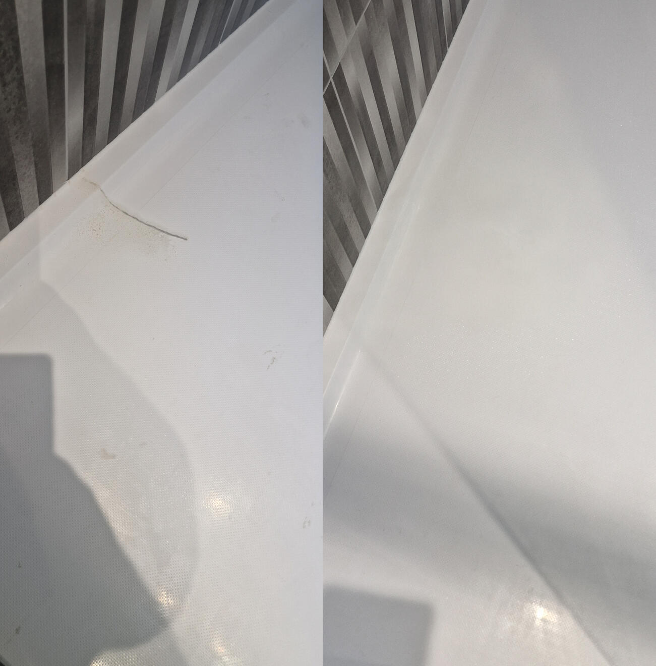 before and after pictures of a stone resin acrylic shower tray crack repair Reinforced shower tray crack repair in Winchester