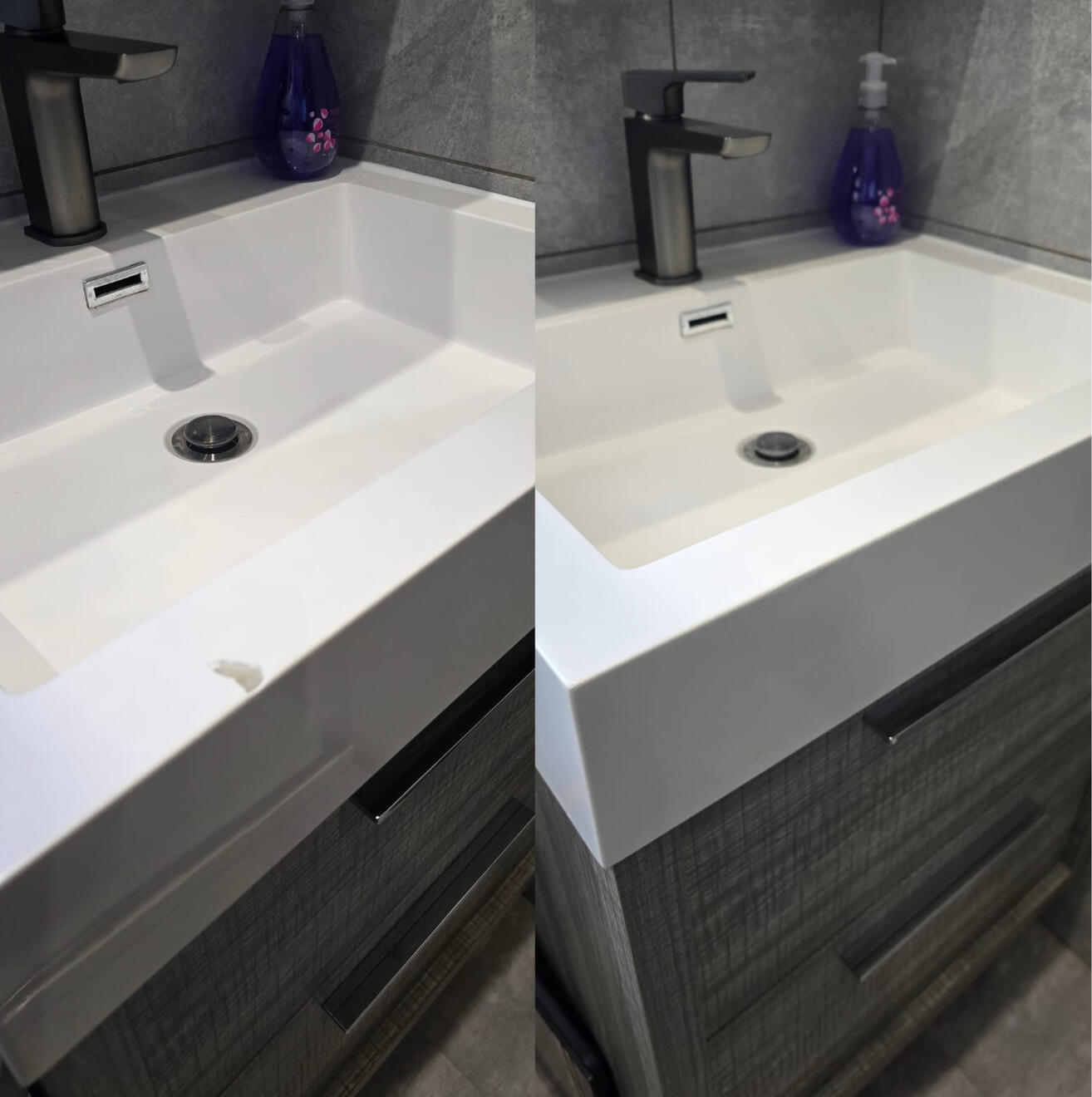 Before and after composite bathroom basin chip repair in Winchester