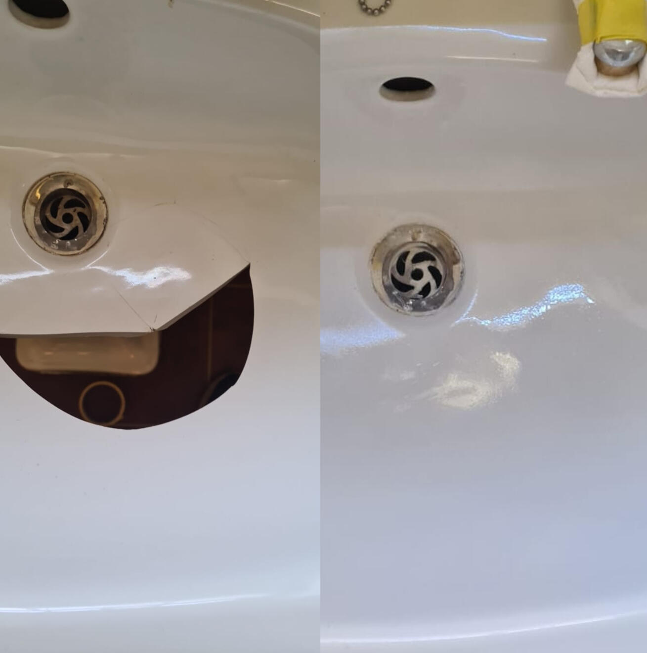 Before and after ceramic sink crack repair in Winchester