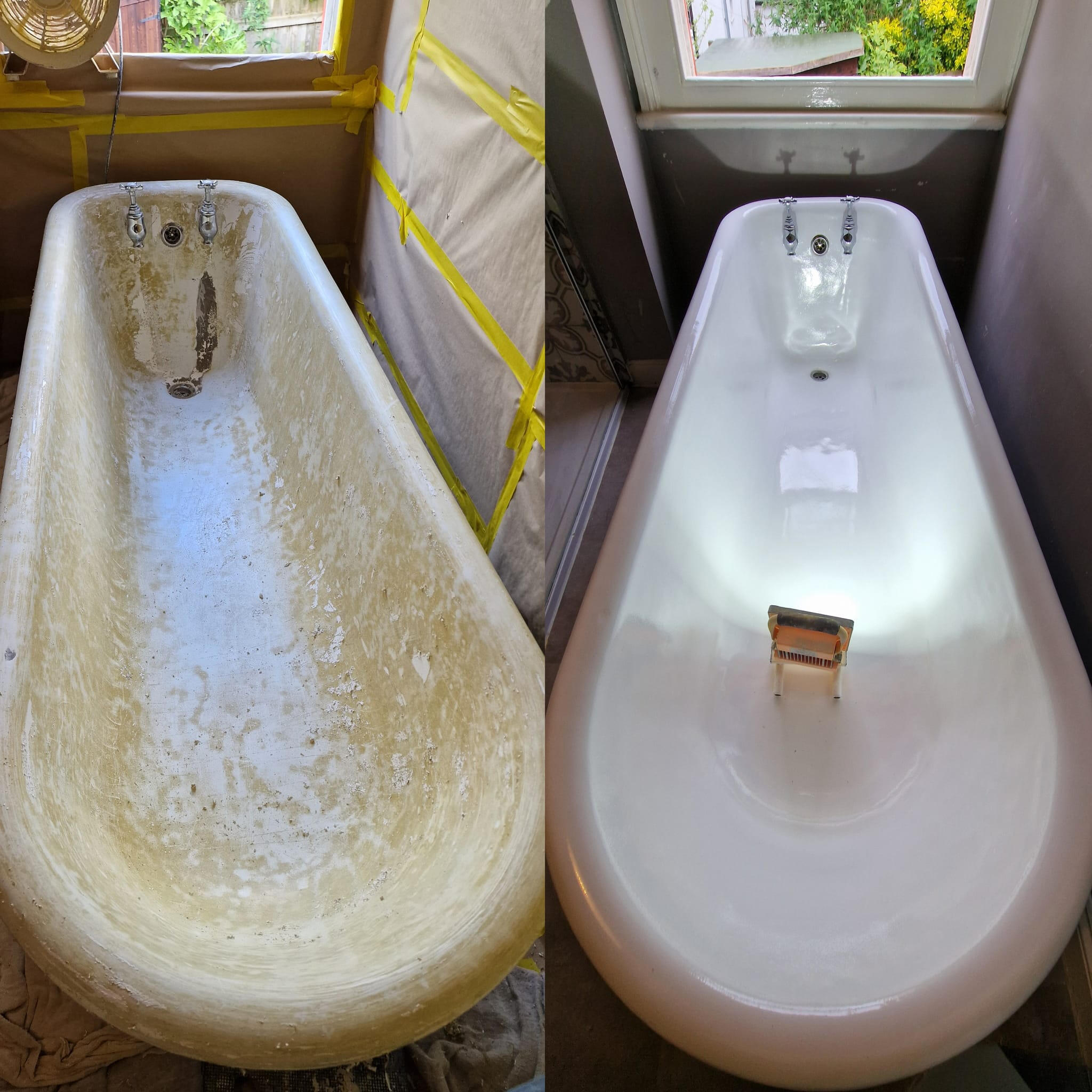 Before and after roll top cast iron bath re-enamelling in Kingsworthy, Winchester